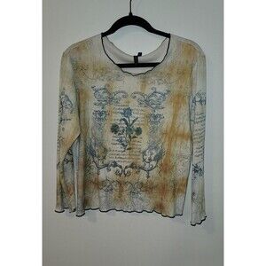 Nu Construction Vintage Y2K Long Sleeve Top L Floral Script Graphic USA Made